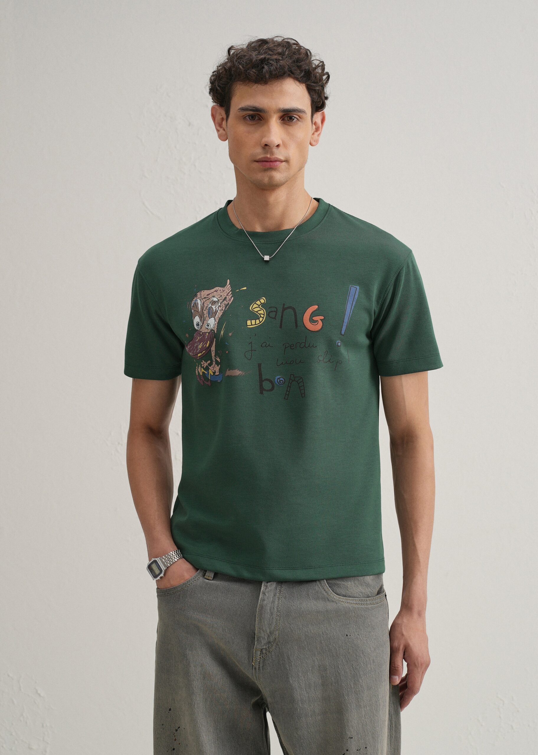 Green_Printed_Crew_Neck_T-shirt_6-scaled-1.jpg Green Printed Crew Neck Cotton T Shirt - Image 1