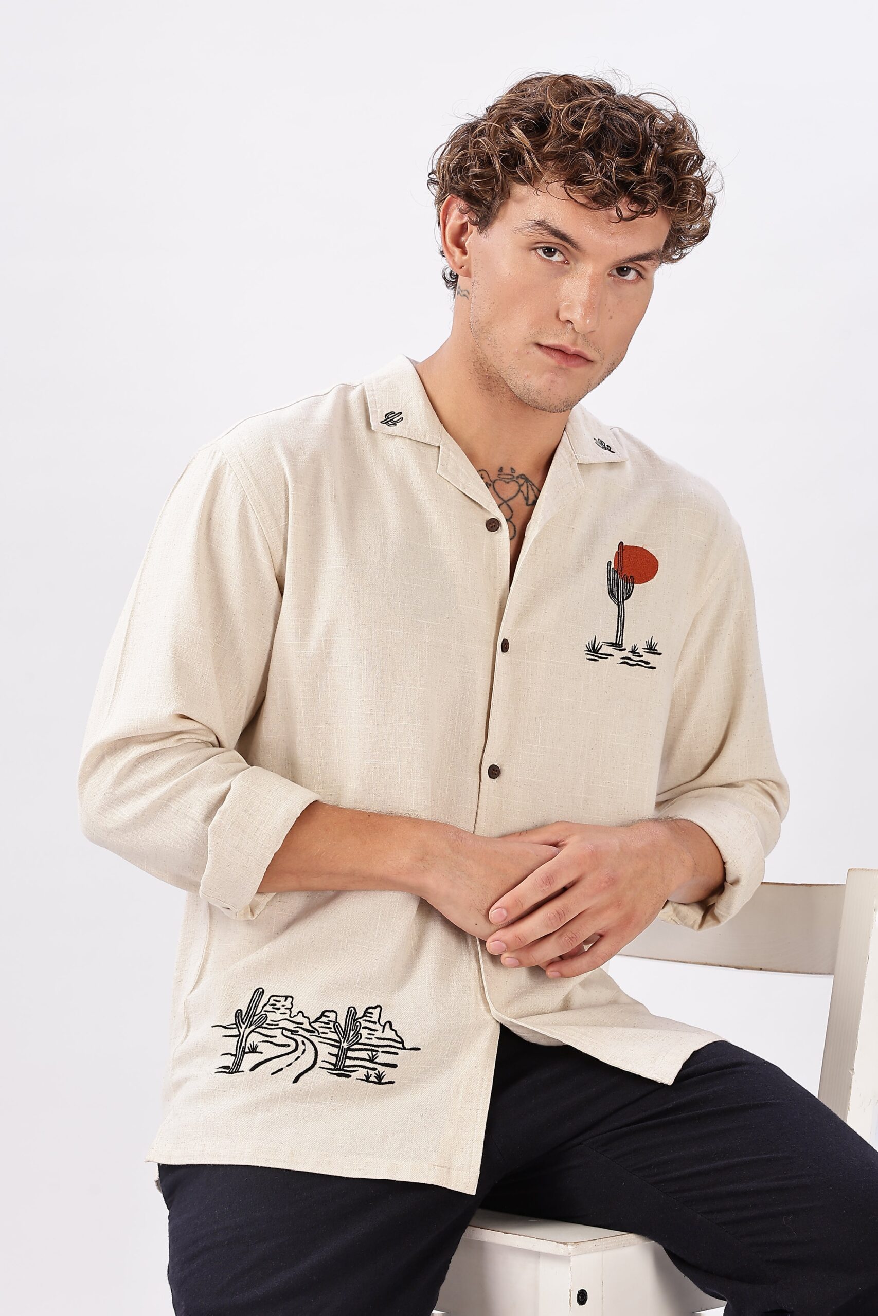 Hamptons_35_17-scaled-1.jpg Costa Beige Sahara Box Fit Embroidered Resort Wear Shirt - Image 1