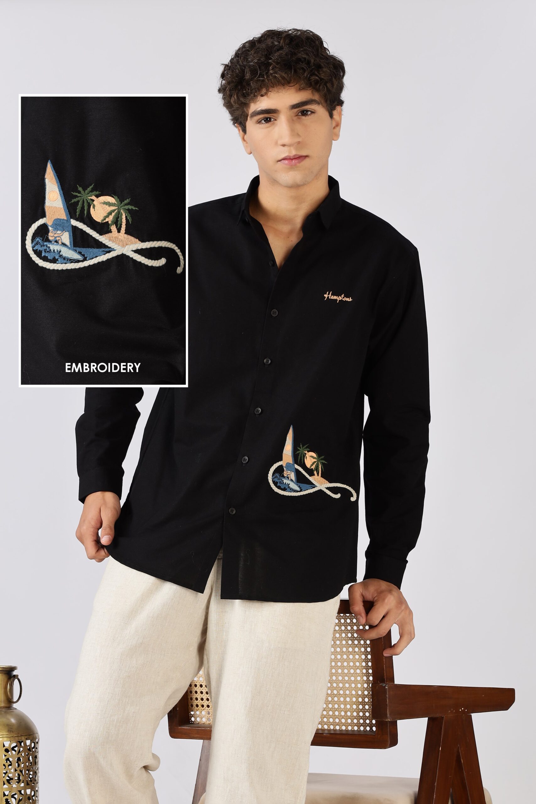 J-CSP0106-3-scaled-1.jpg Coastal Voyage Black Cotton Travel Embroidered Shirt - Image 1