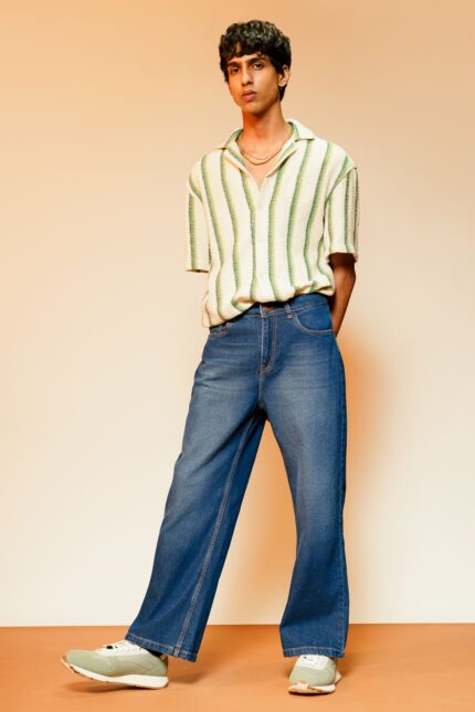 Classic Mid Blue Everyday Wear Relaxed Wide-Leg Jeans