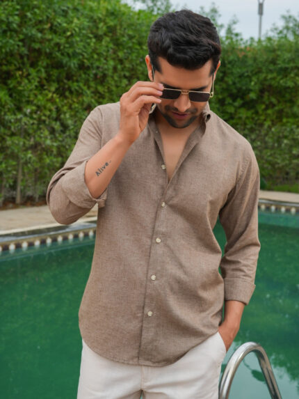 Brown Natural Texture Slim Fit Linen Cotton Premium Shirt