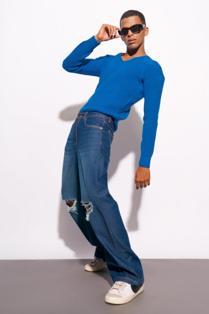 Midnight Blue Heavy Distress Statement Wide-Fit Jeans