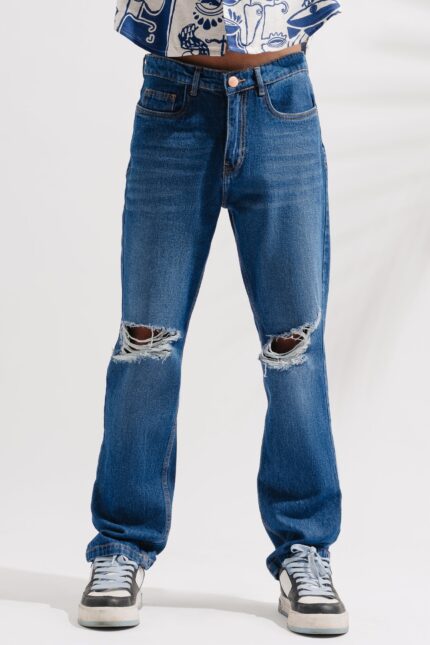 Lapis Blue Vintage Fade Distressed Wide-Fit Jeans for Men