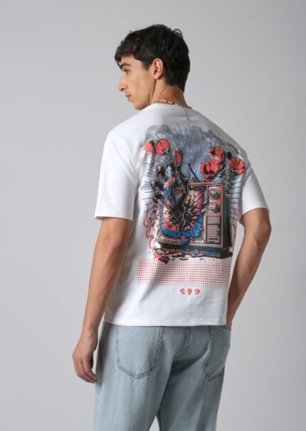 White Back Print Relaxed Fit Cotton T Shirt