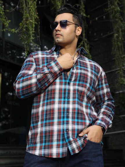 Black Blue Red Multi-Check Men Plus Size Full Sleeve Shirt