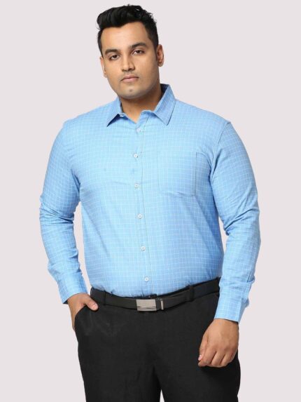 Blue Checkered Men Plus Size Cotton Casual Shirt