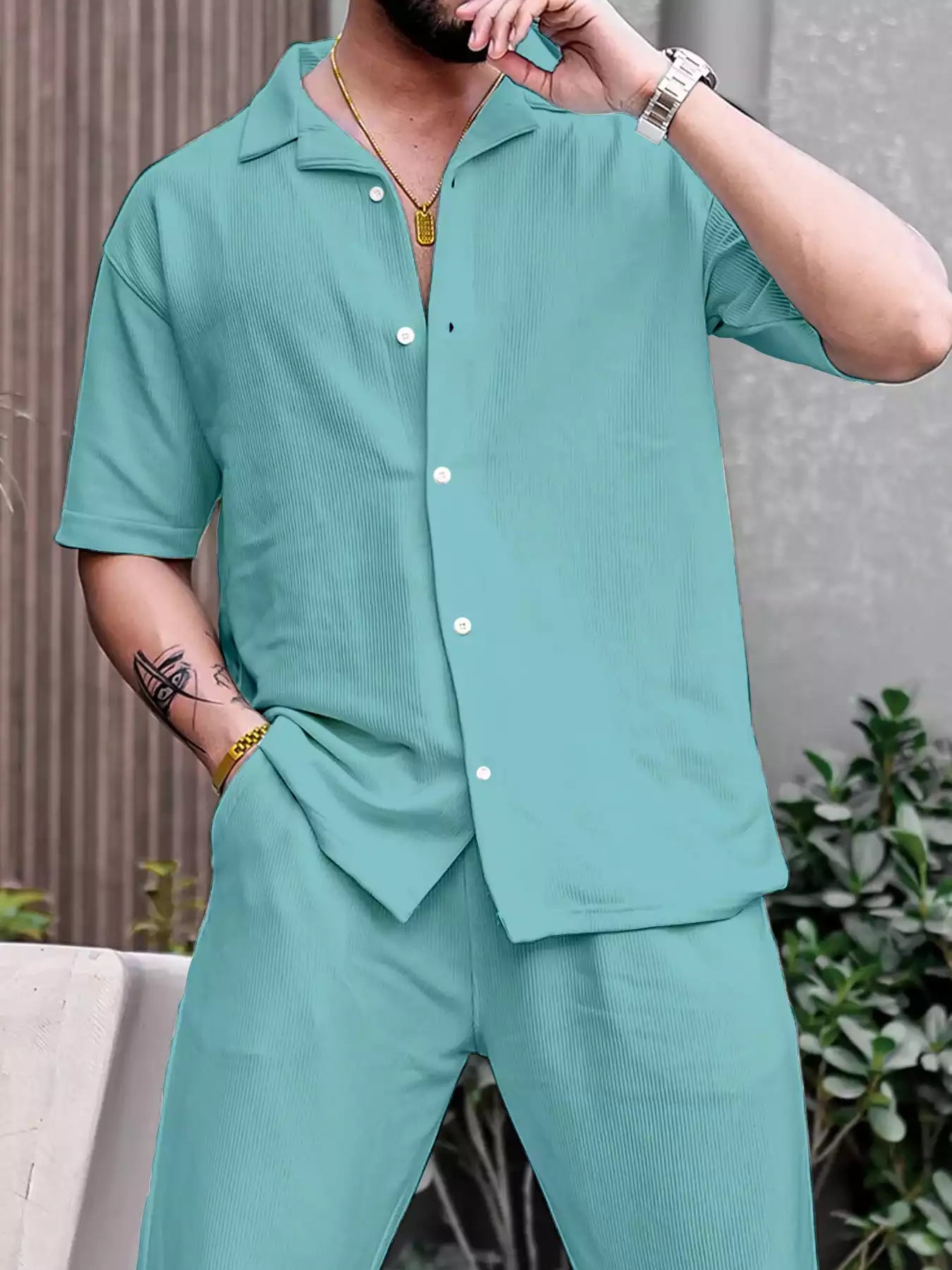 classy_plain_apple_1_192f9386-f912-4e9d-a149-77a8e5995fdc.jpg Apple Green Color Mens Full Set Trouser And Shirt Half Sleeves - Image 1