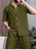 Green Color Mens Full Set Trouser And Shirt Half Sleeves