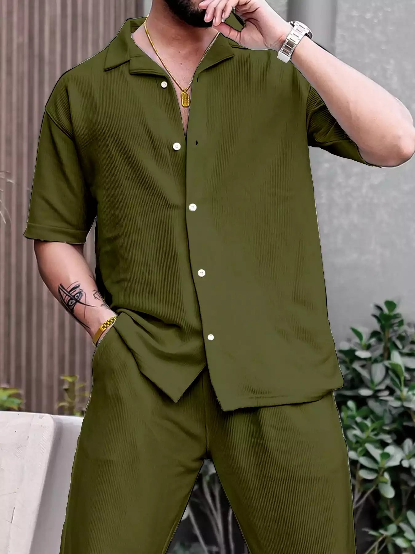 classy_plain_green_1_735f1a2f-21c3-4c51-a06f-964a852dfd56.jpg Green Color Mens Full Set Trouser And Shirt Half Sleeves - Image 1