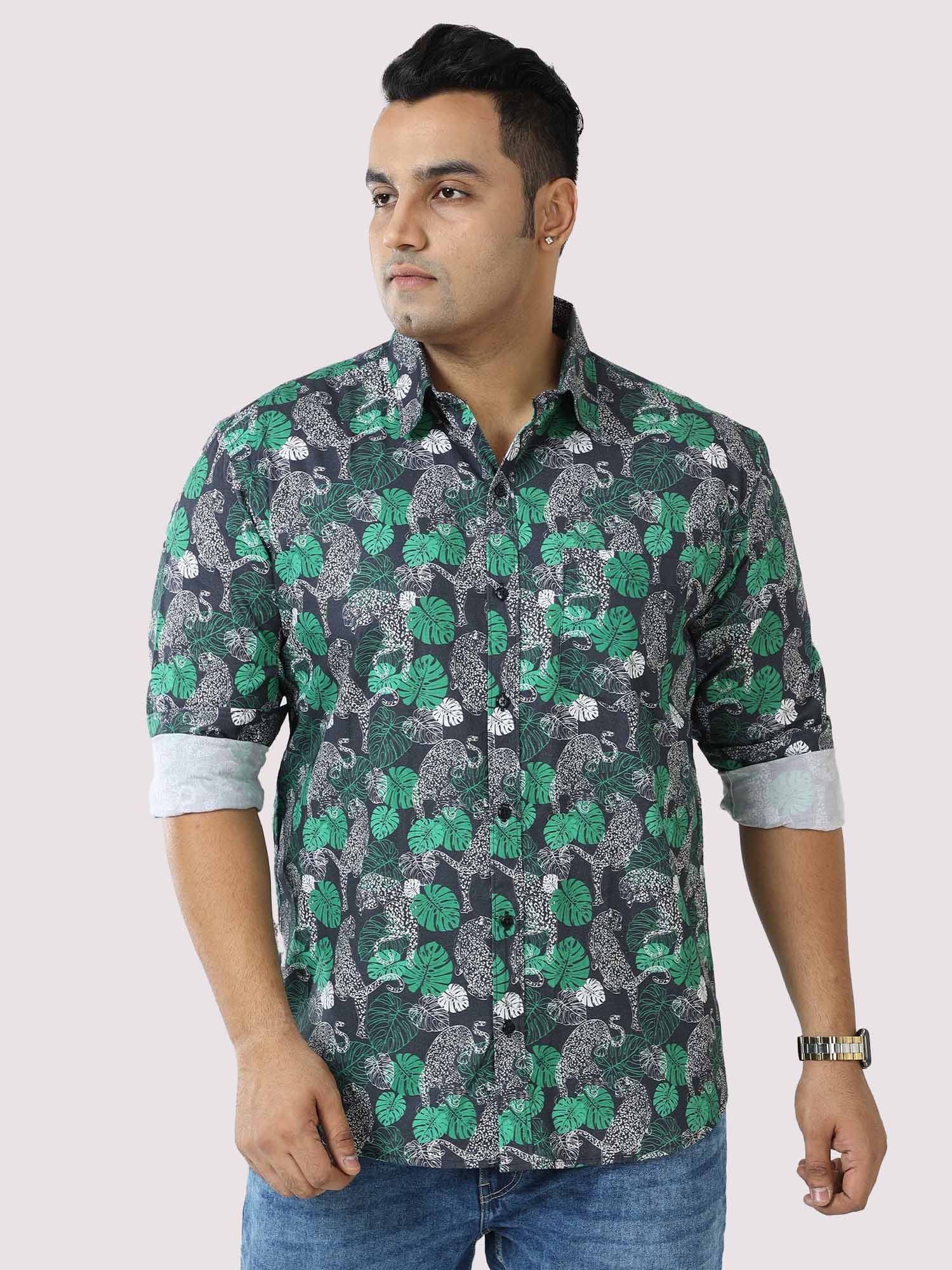 green-jungle-printed-cotton-full-shirt-men-s-plus-size-guniaa-fashions-1.jpg Green Jungle Print Cotton Men Plus Size Full Sleeve Shirt - Image 1