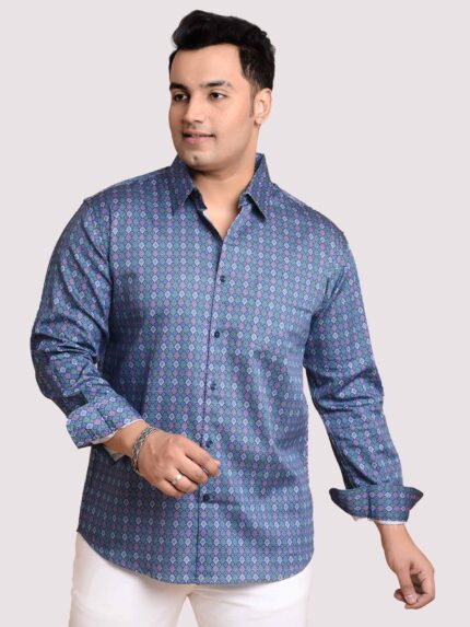 Marine Blue Mosaic Cotton Men Plus Size Full Sleeve Shirt