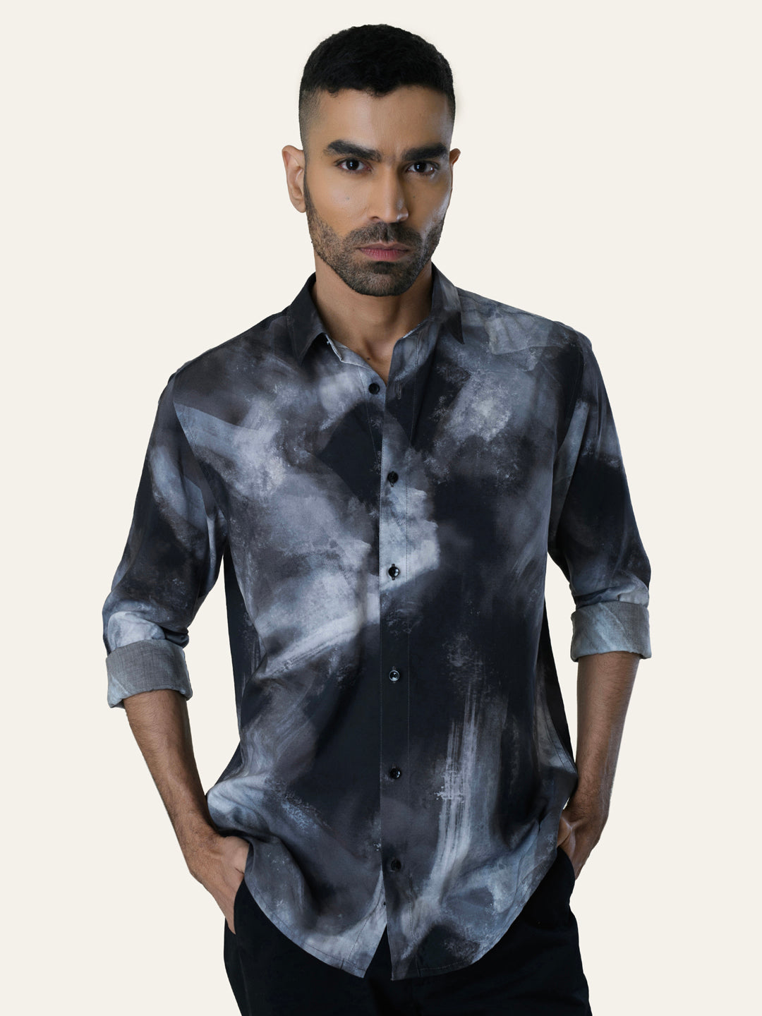 shrey265113.jpg Black Abstract Printed Slim Fit Cotton Fashion Shirt - Image 1