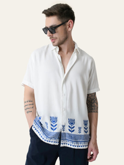 Off White Printed Rayon Light & Breezy Casual Shirt