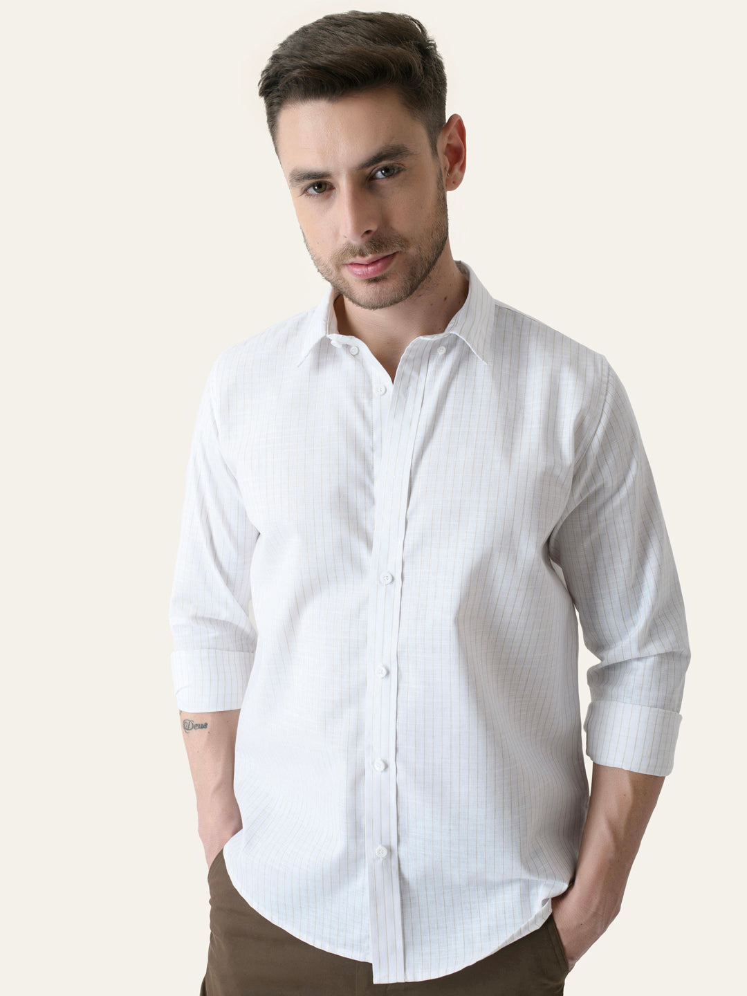shrey366546.jpg White Striped Slim Fit Linen Cotton Elegant Shirt - Image 1