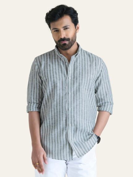 Green Striped Slim Fit Linen Cotton Smart Casual Shirt