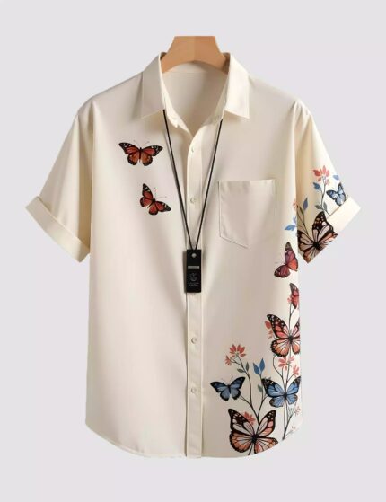 White Butterfly Printed Men’s Half Sleeves Poly Cotton Casual Wear Shirts